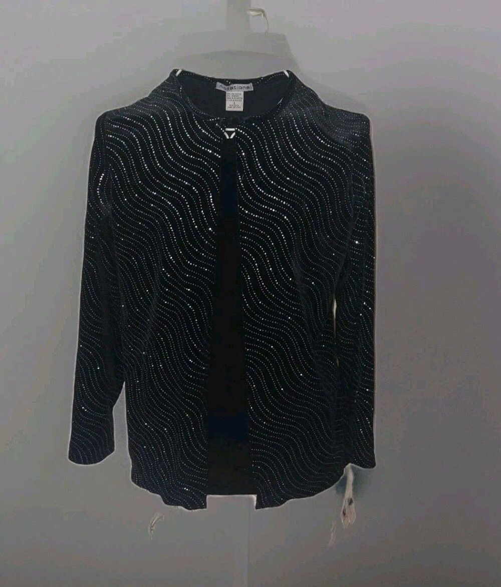 NWT Sz Small Notations Pullover 2-Fer Top Long Sleeve Black Velour Sparkle